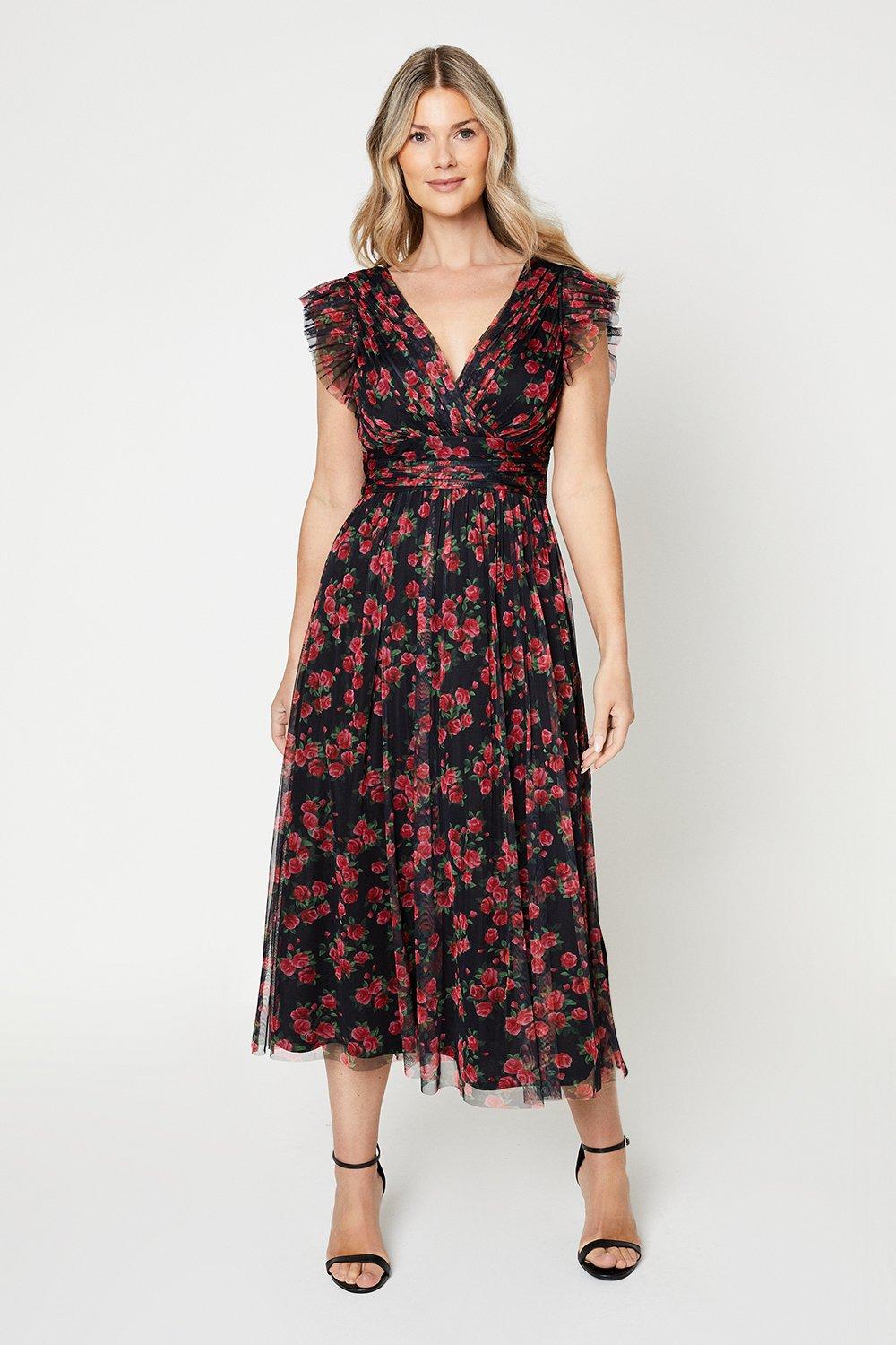 Womens Floral Tulle Midi Dress