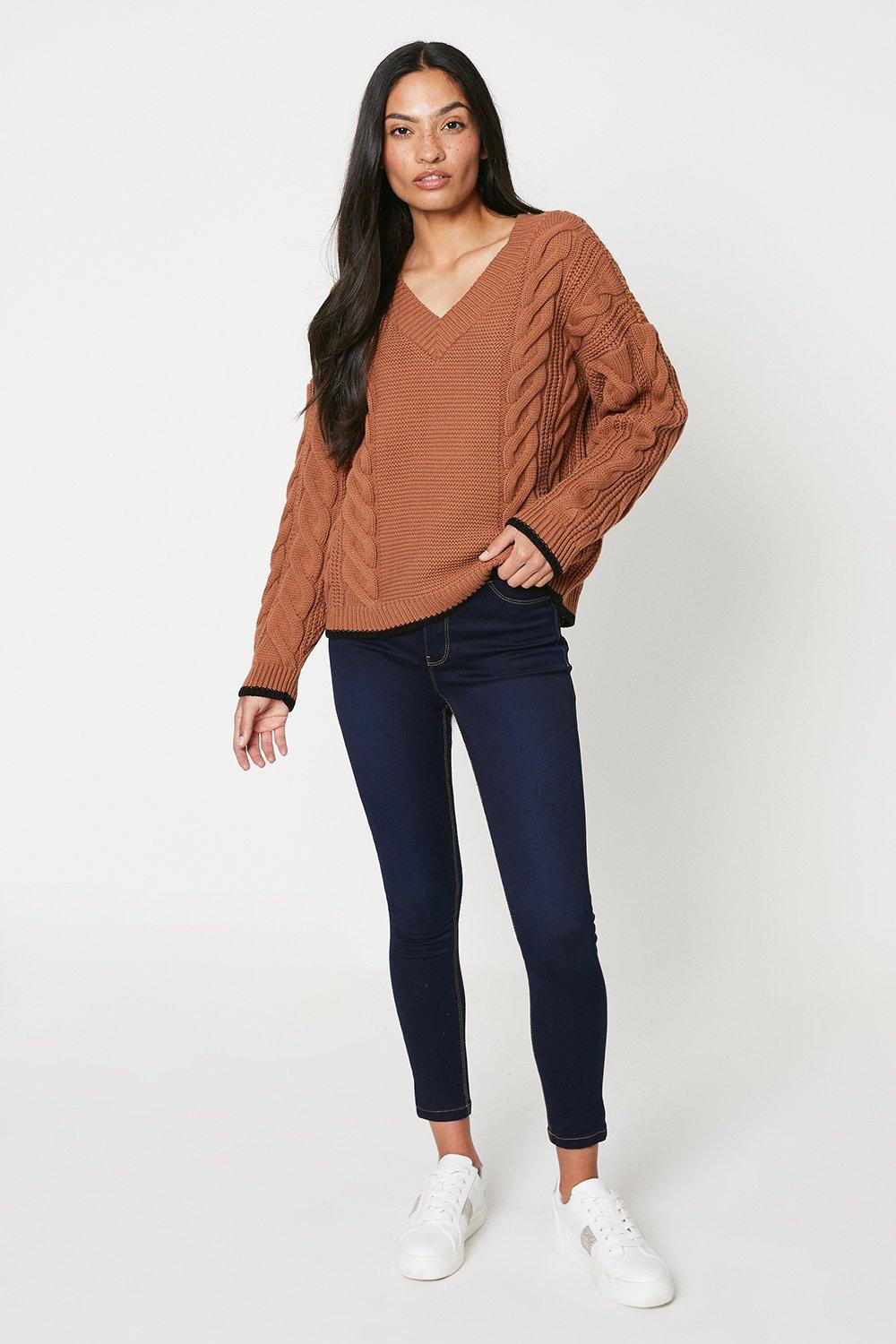 Womens V Neck Cable Contrast Edge Jumper