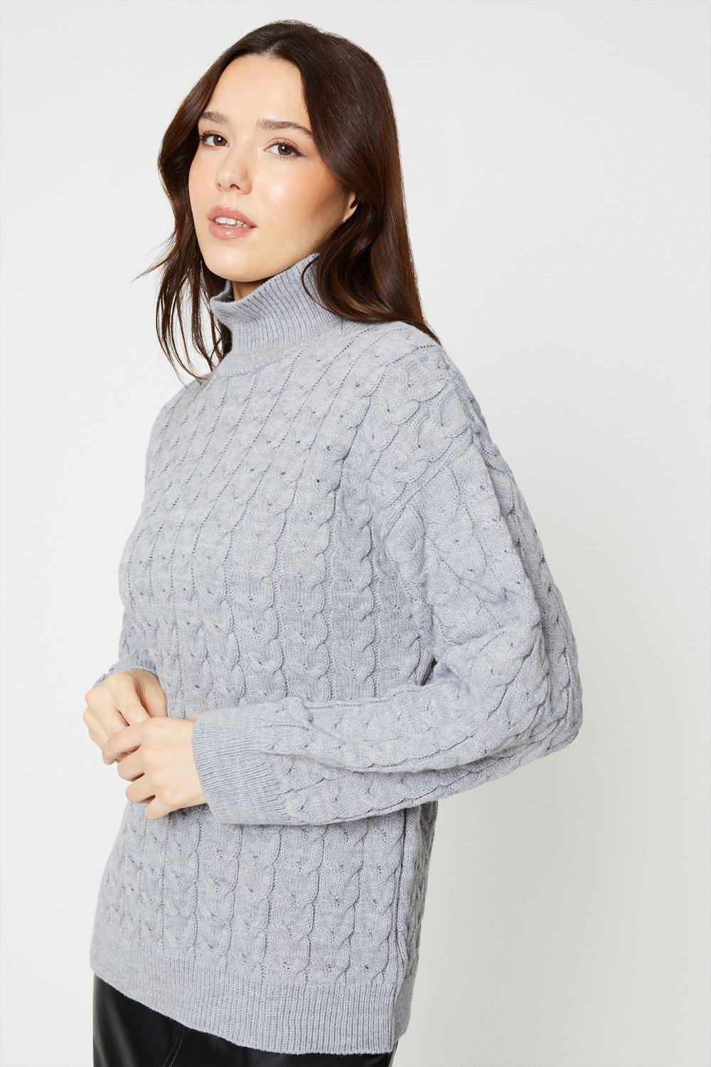 Women's High Neck Cable Jumper - grey marl - S