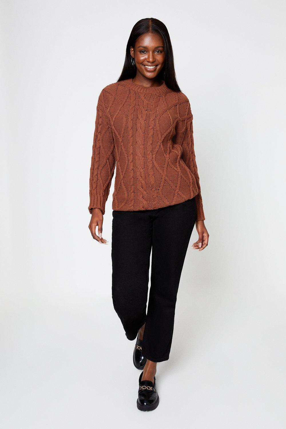Women's Wide Sleeve Cable Long Line Jumper - caramel - M