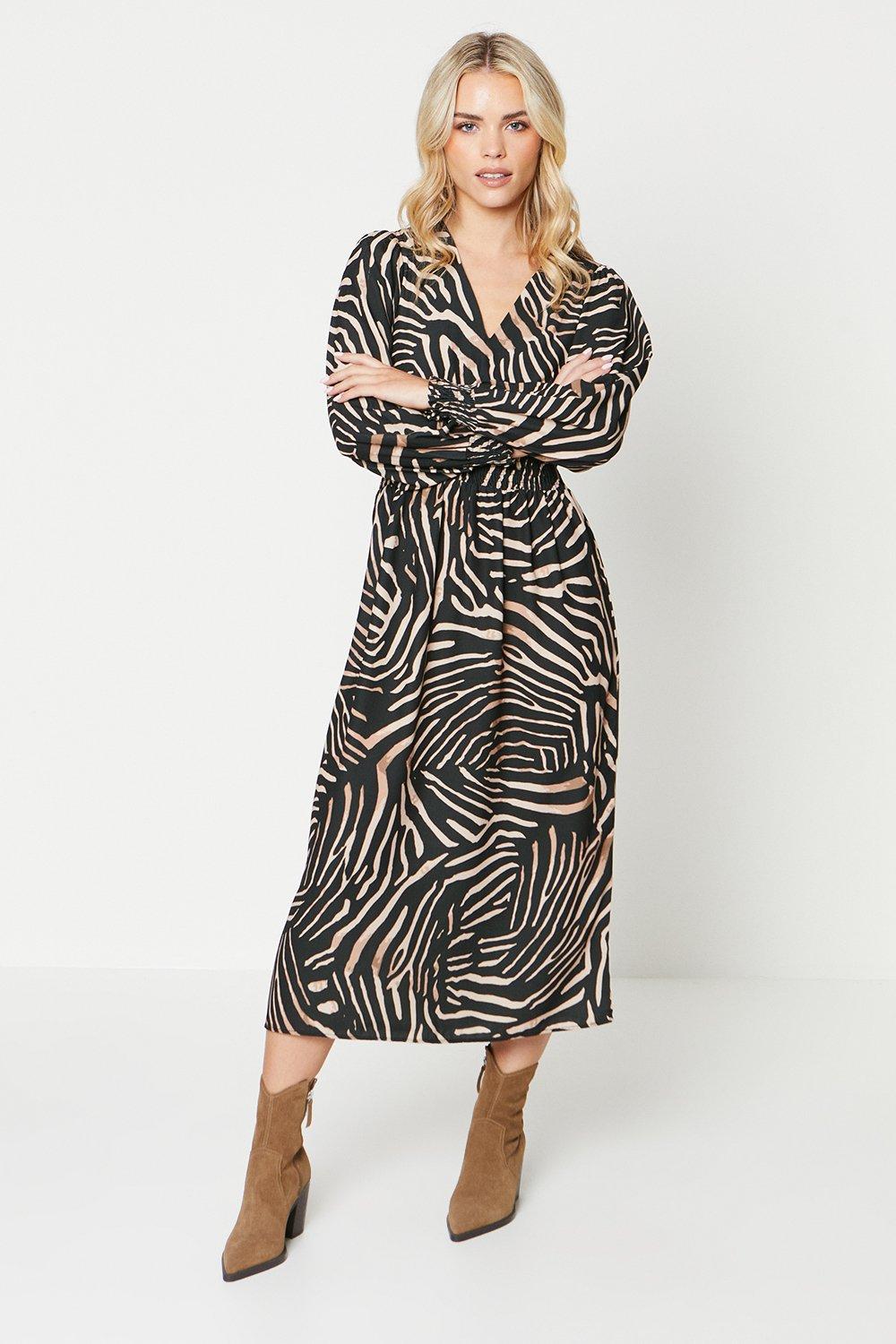 Womens Petite Zebra Shirred Waist Midi Dress