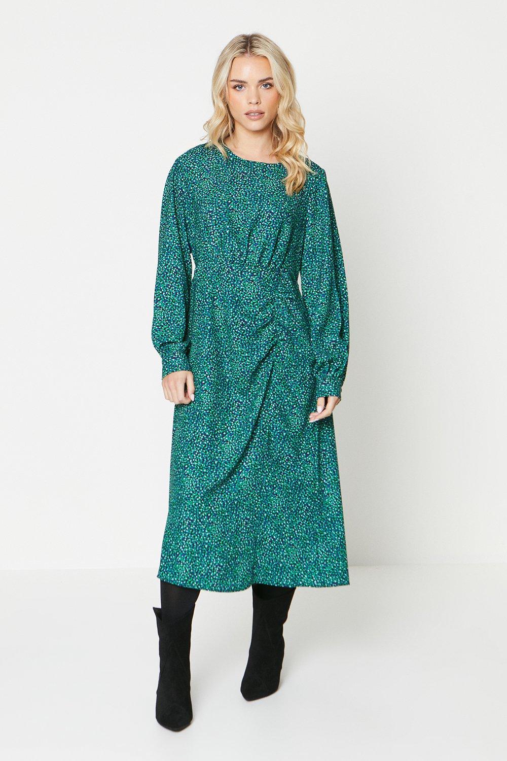 Womens Petite Green Spot Ruched Midi Dress