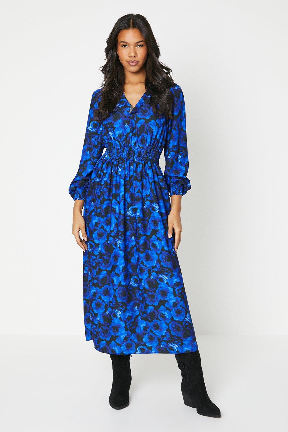 Womens Tall Blue Floral Shirred Waist Midi Dress