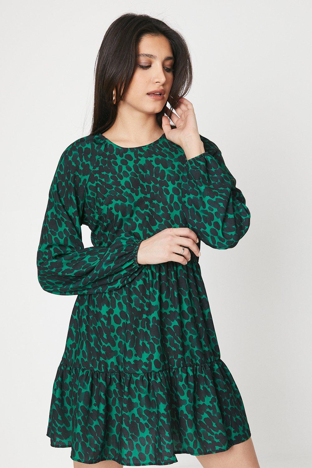 Womens Green Abstract Smock Mini Dress