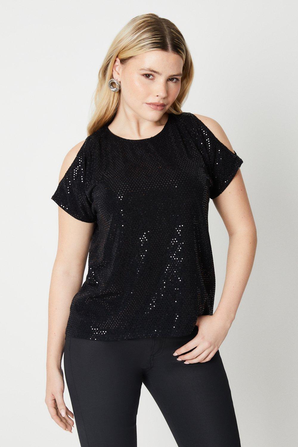 Women’s Sequin Split Shoulder T-Shirt - black - S