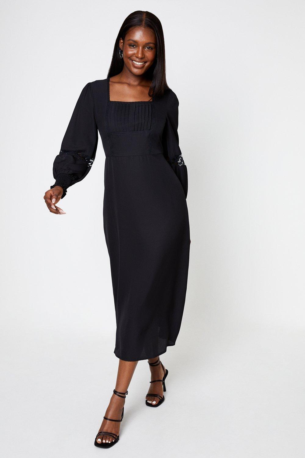 Women's Lace Trim Square Neck Midi Dress - black - 10