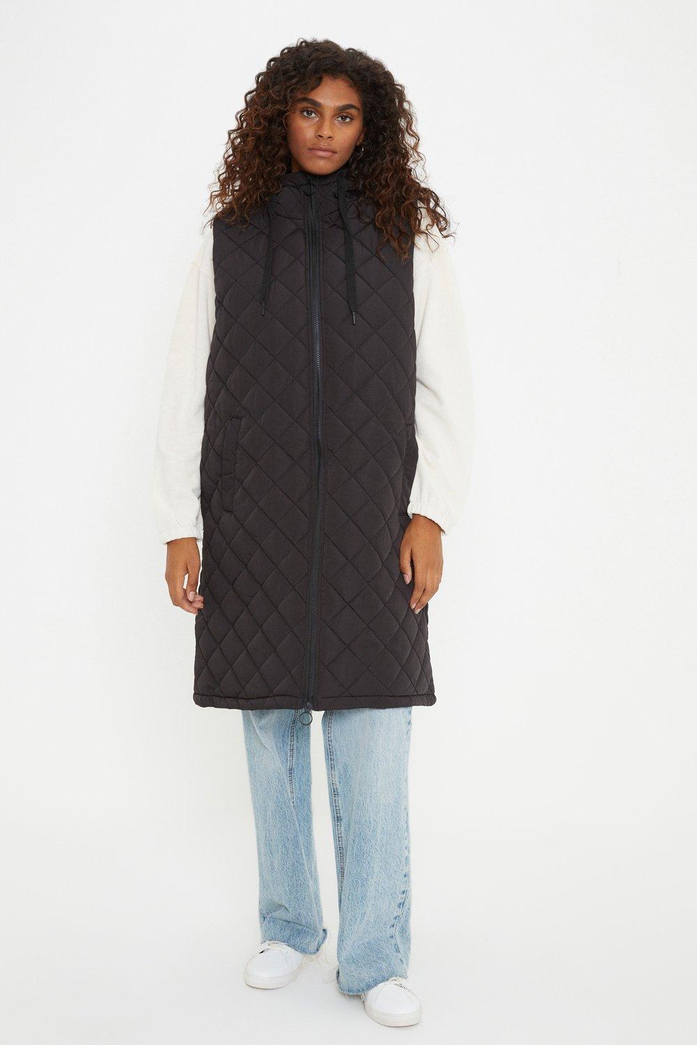 Womens Longline Hooded Diamond Quilted Gilet