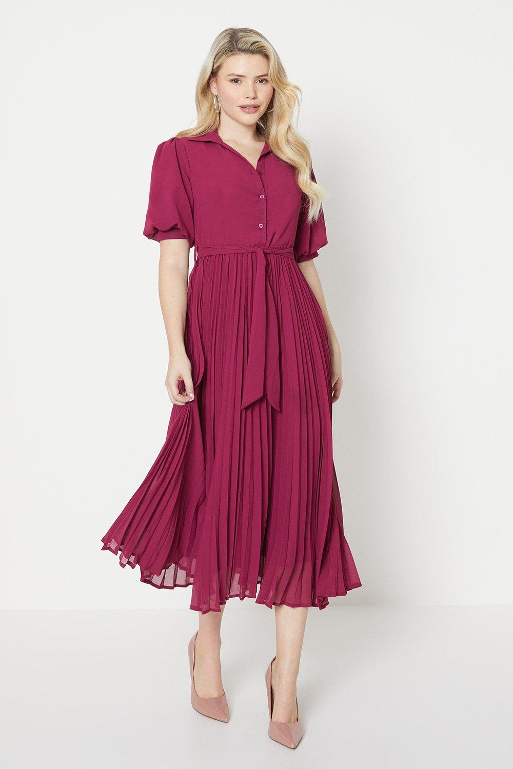 Women's Pleated Chiffon Midi Shirt Dress - berry - 16