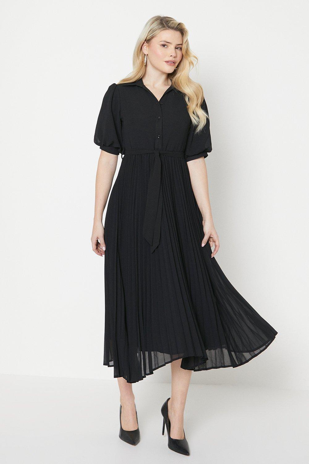 Women's Pleated Chiffon Midi Shirt Dress - black - 8