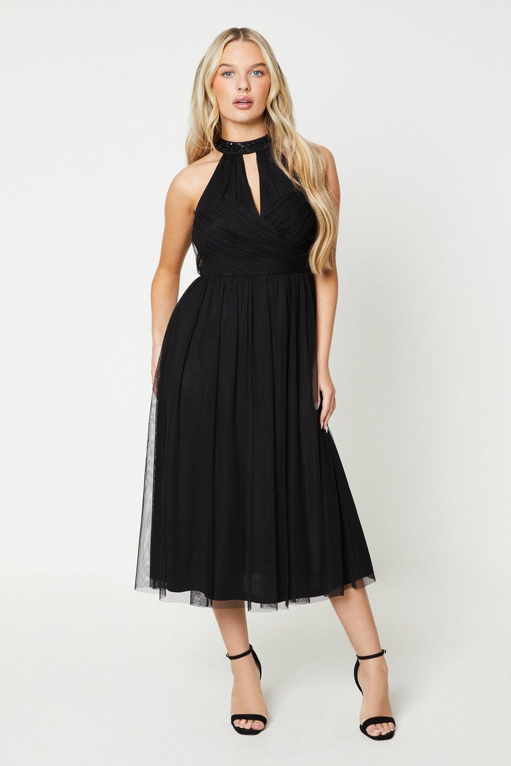 Women’s Petite Mesh Embellished Halter Neck Midi Dress - black - 10