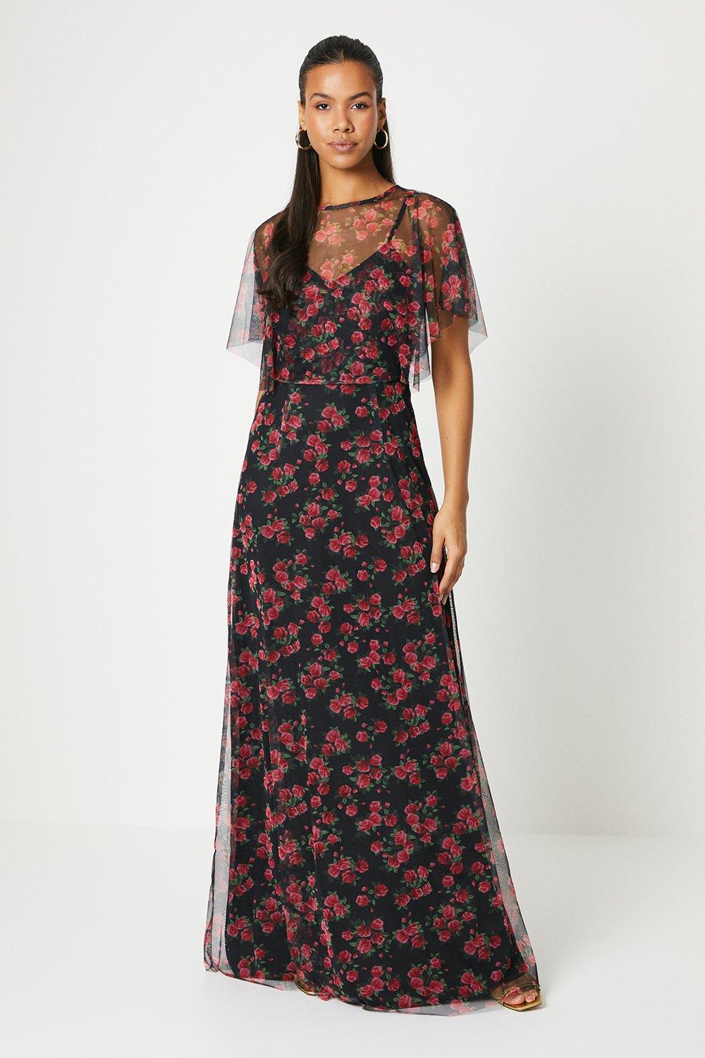 Women's Tall Floral Mesh Flutter Sleeve Midi Dress - 16