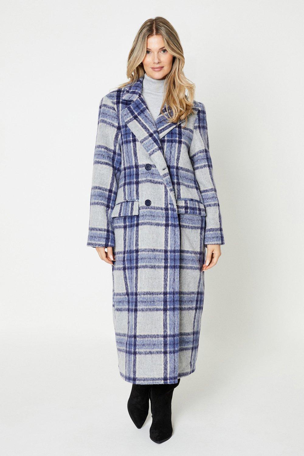 Womens Double Breasted Checked Long Jacket