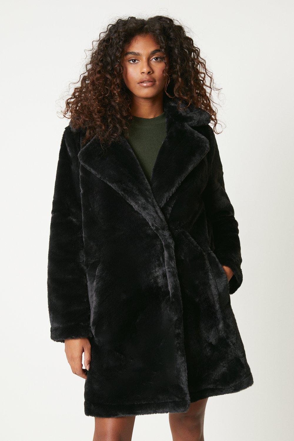 Dorothy perkins black swirl faux fur coat sale