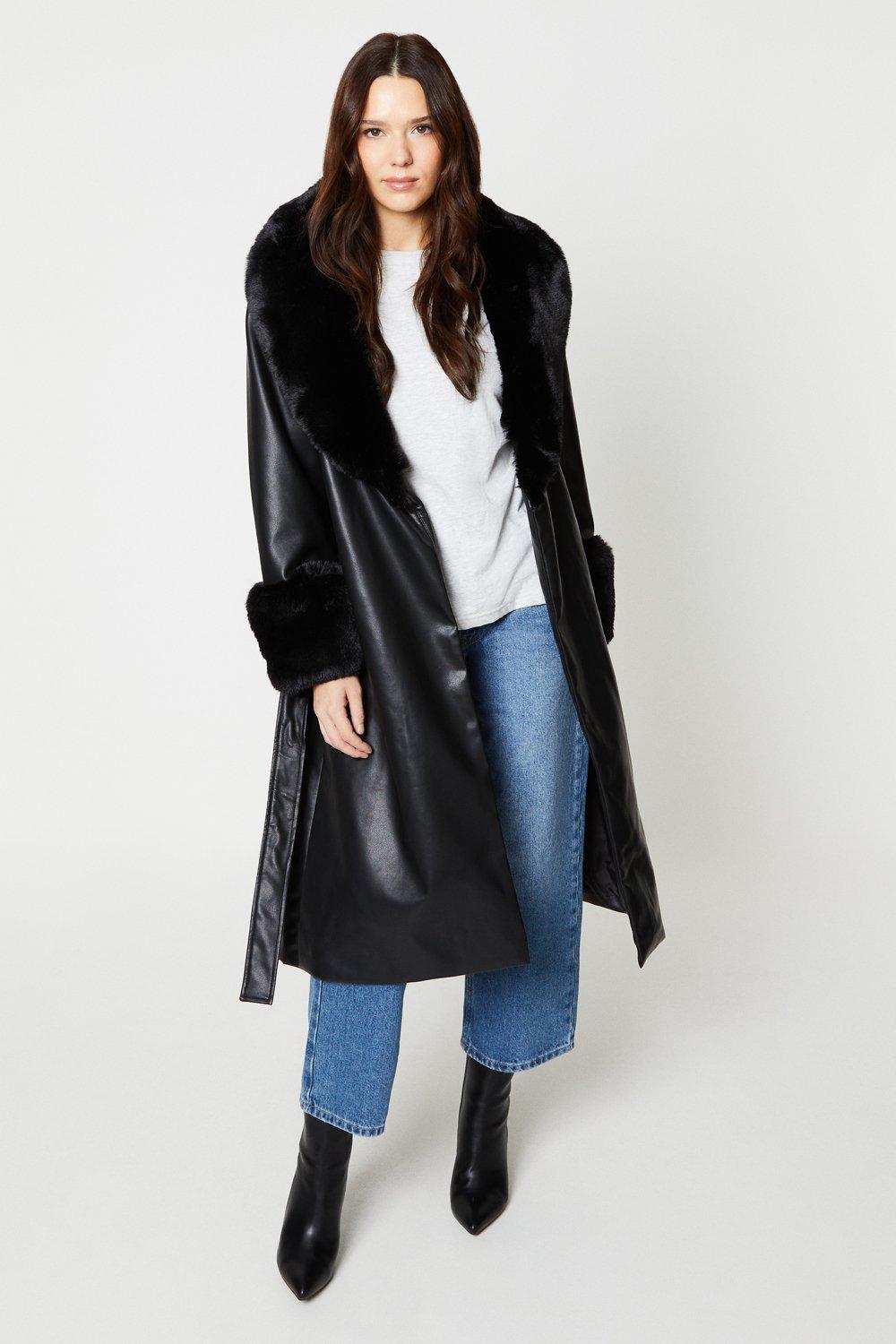 Women’s Faux Leather Faux Fur Belted Coat - black - 8