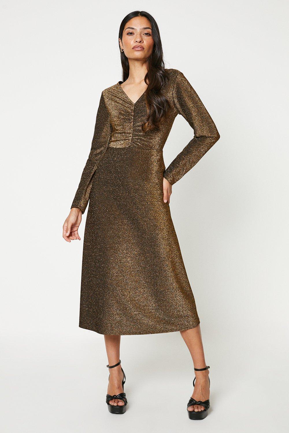 Women’s Shimmer Ruched Midi Dress - gold - 8