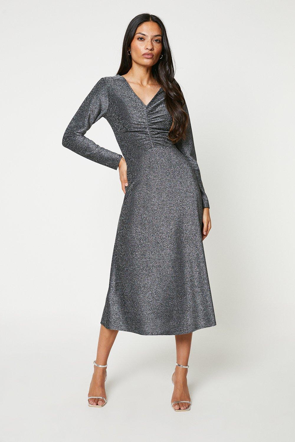 Womens Shimmer Ruched Midi Dress