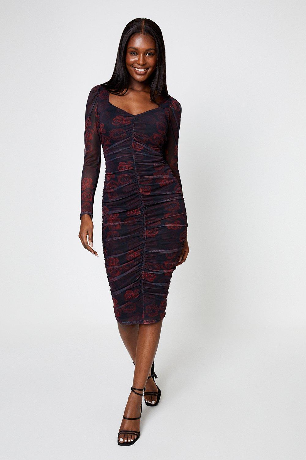 Dresses, Rose Printed Ruched Mesh Midi Dress