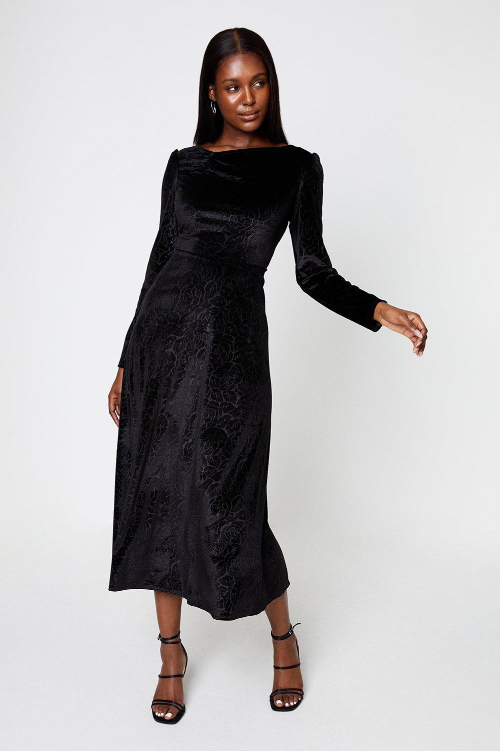 Women's Ruched Velvet Devore Midi Dress - black - 16