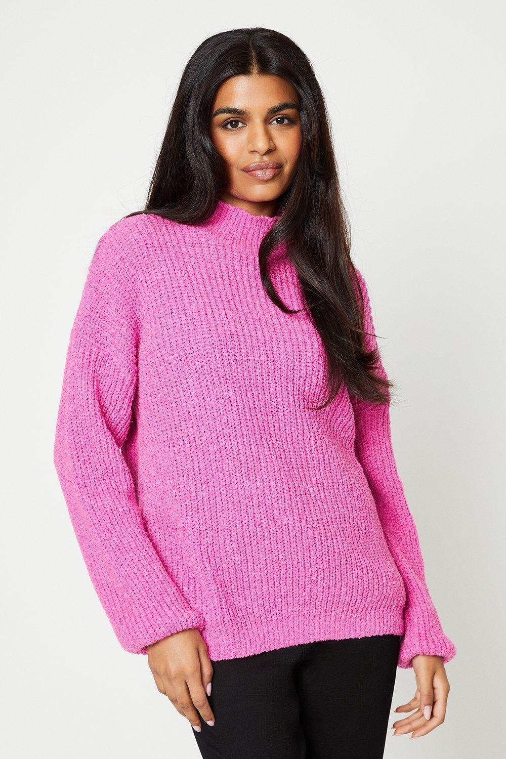 Women’s Petite Boucle Slouchy High Neck Jumper - pink - L
