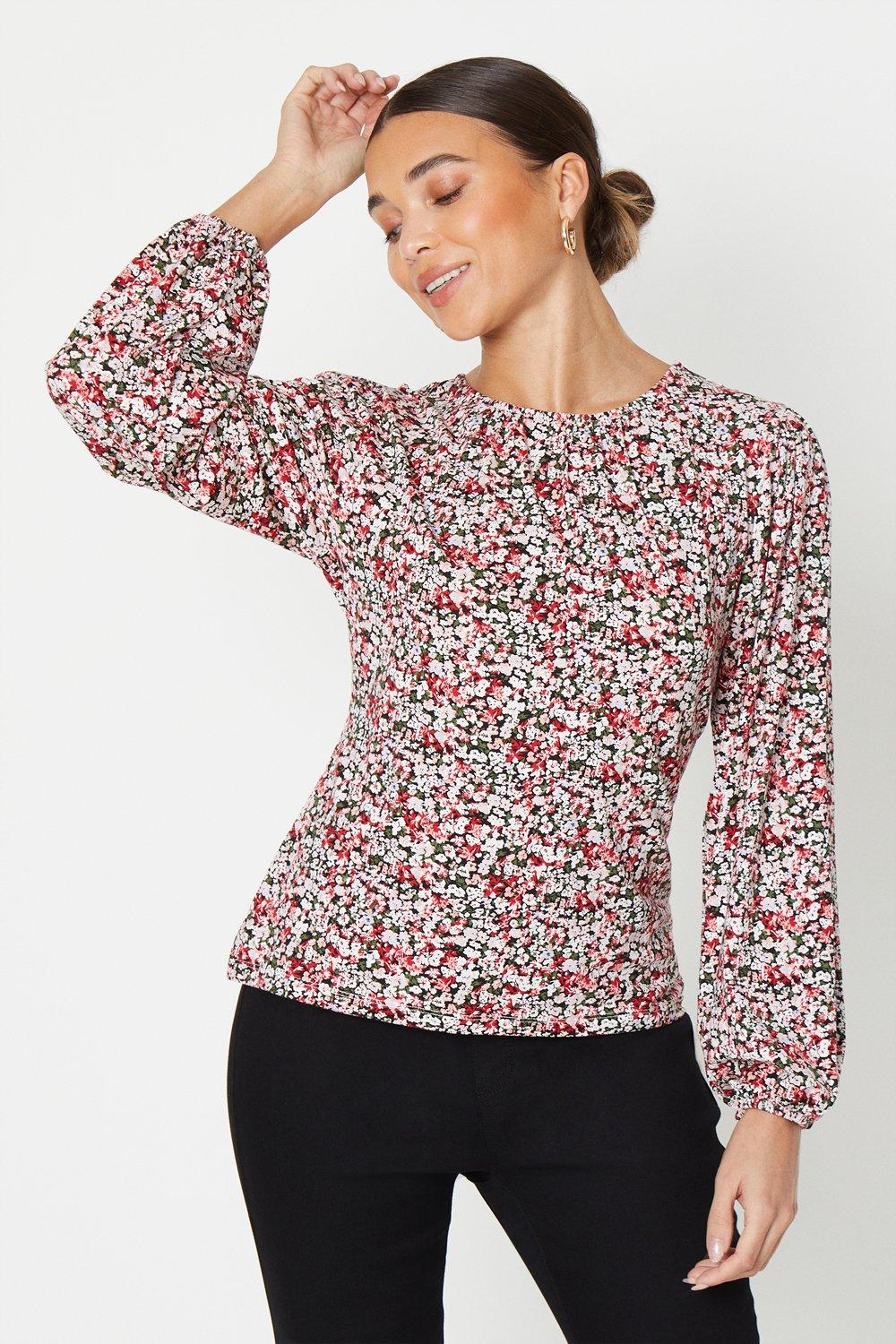 Women's Petite Gathered Neckline Long Sleeve Top - floral - S