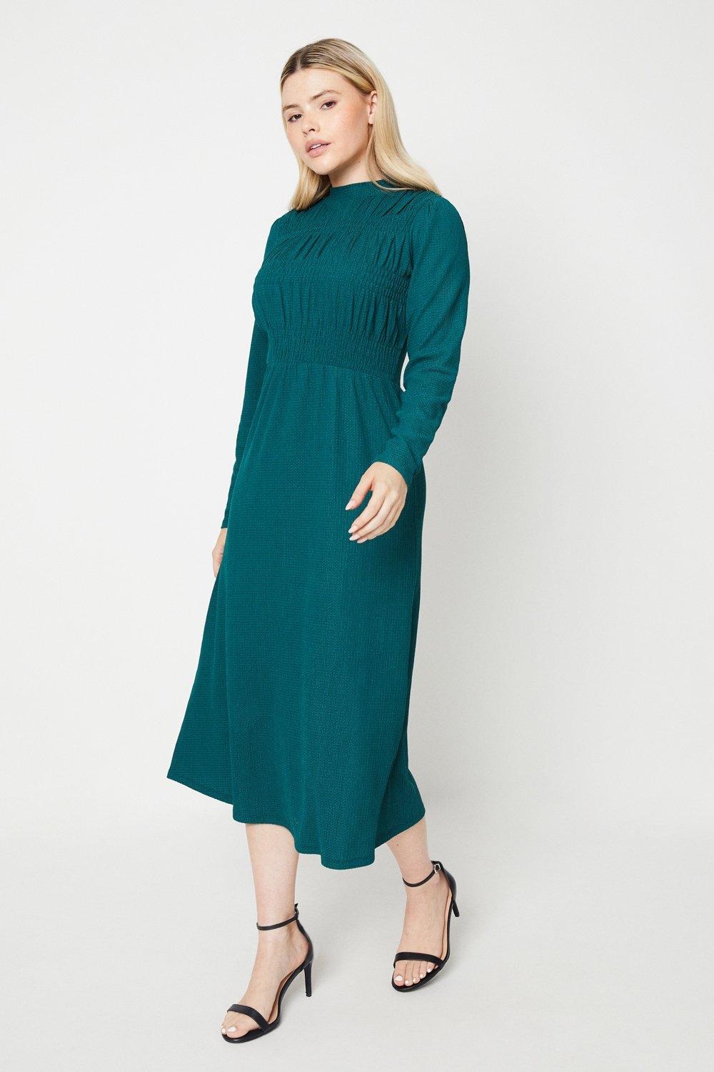 Womens Dark Green Shirred Bodice Midi Dress