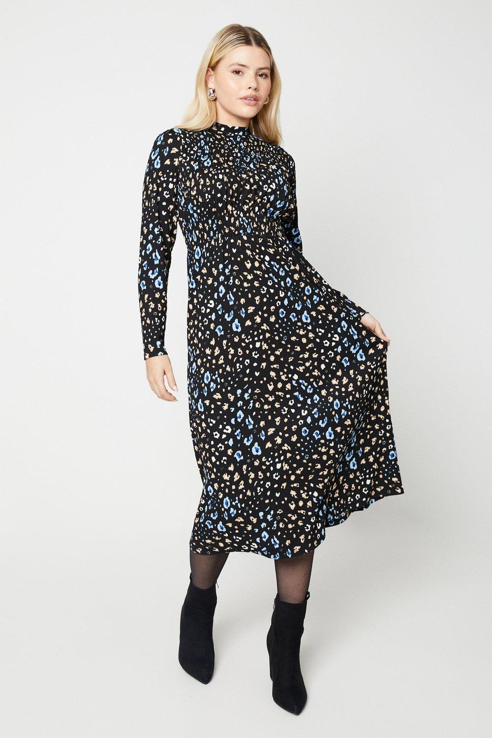 Women's Animal Print Shirred Bodice Midi Dress - 10