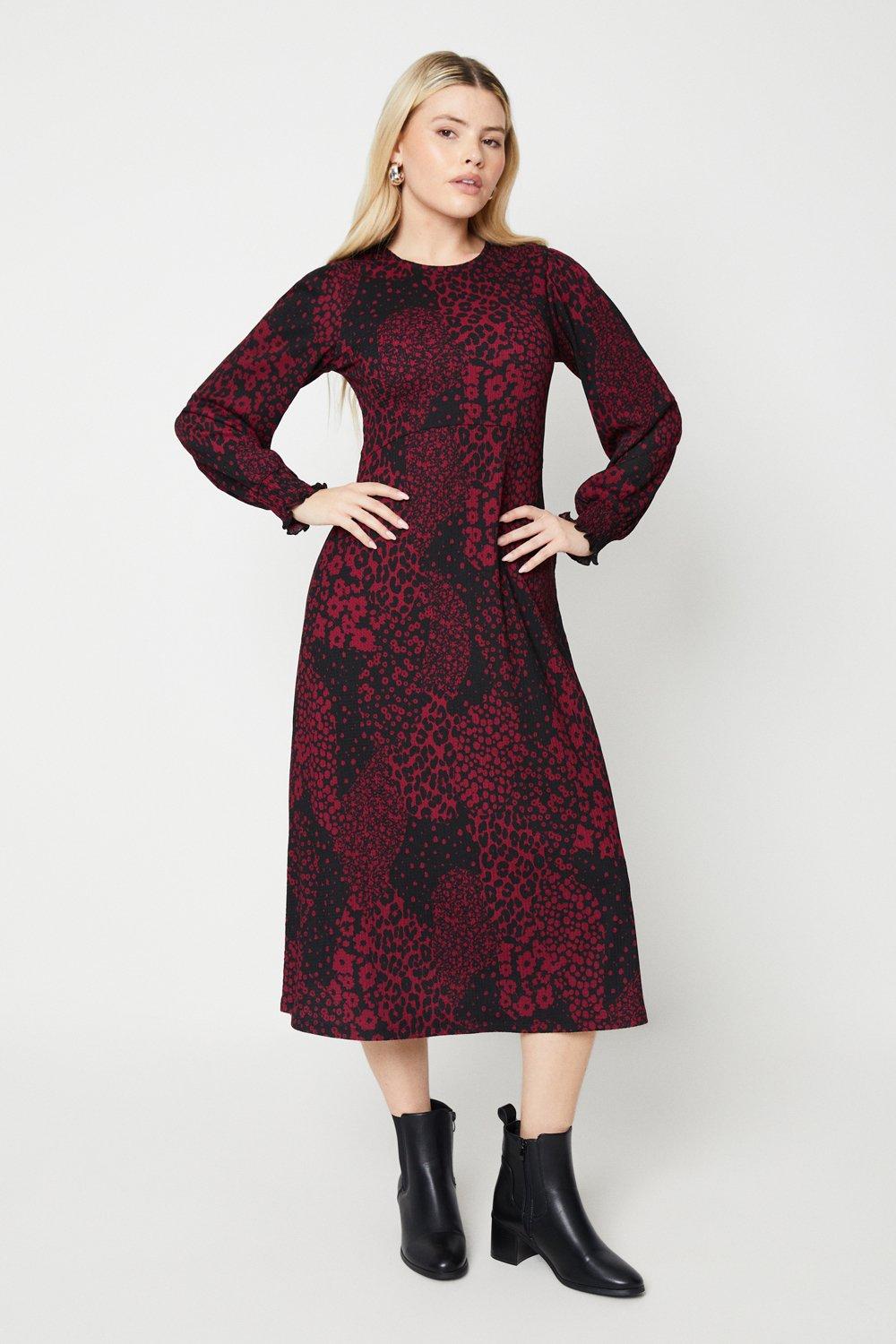 Womens Leopard Shirred Cuff Midi Dress