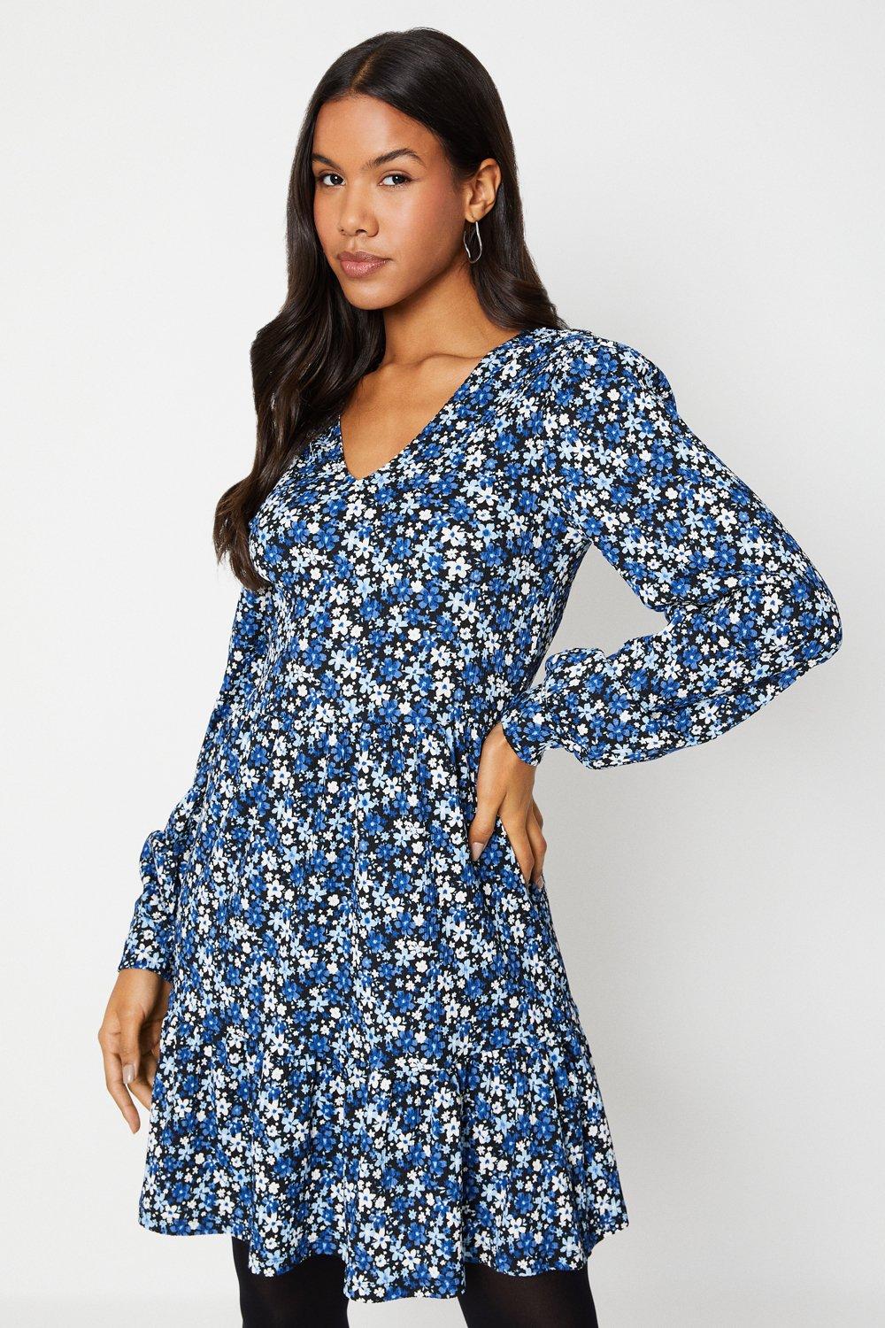 Women’s Tall Blue Ditsy V Neck Tiered Mini Dress - floral - 18