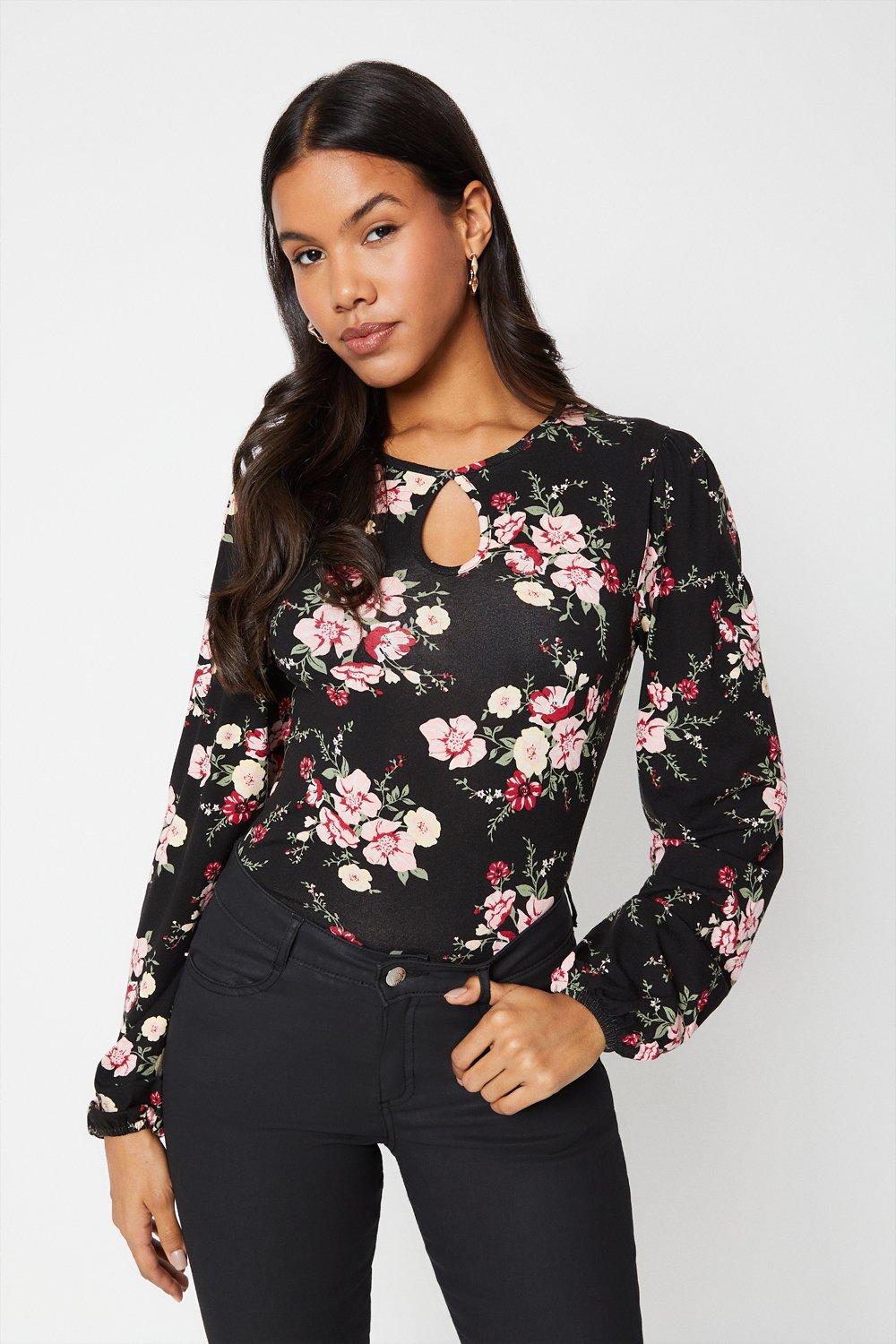 Women's Tall Keyhole Blouson Sleeve Top - floral - XL