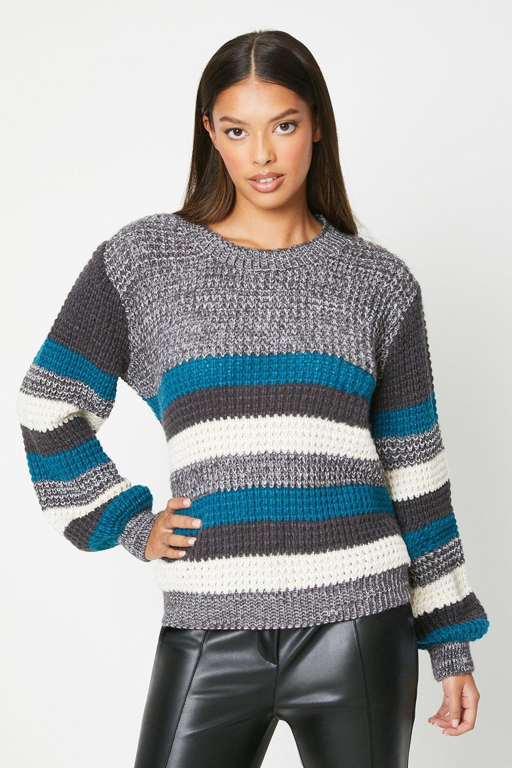 Women’s Long Sleeve Multi Stripe Knitted Jumper - teal - XL