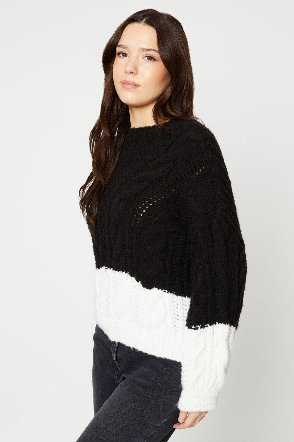 Womens Long Sleeve Colour Block Cable Knitted Jumper