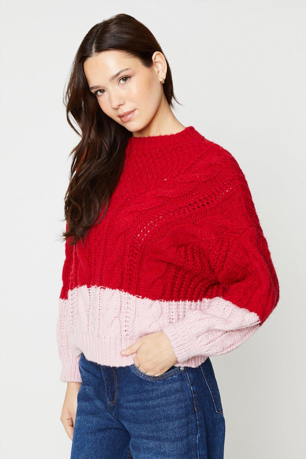Women's Long Sleeve Colour Block Cable Knitted Jumper - red - XL