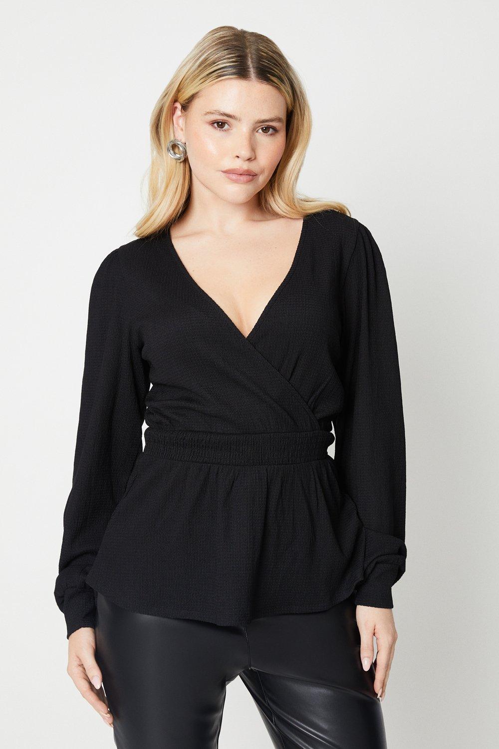 Women’s Tall Shirred Waist Wrap Crinkle Long Sleeve Top - black - S
