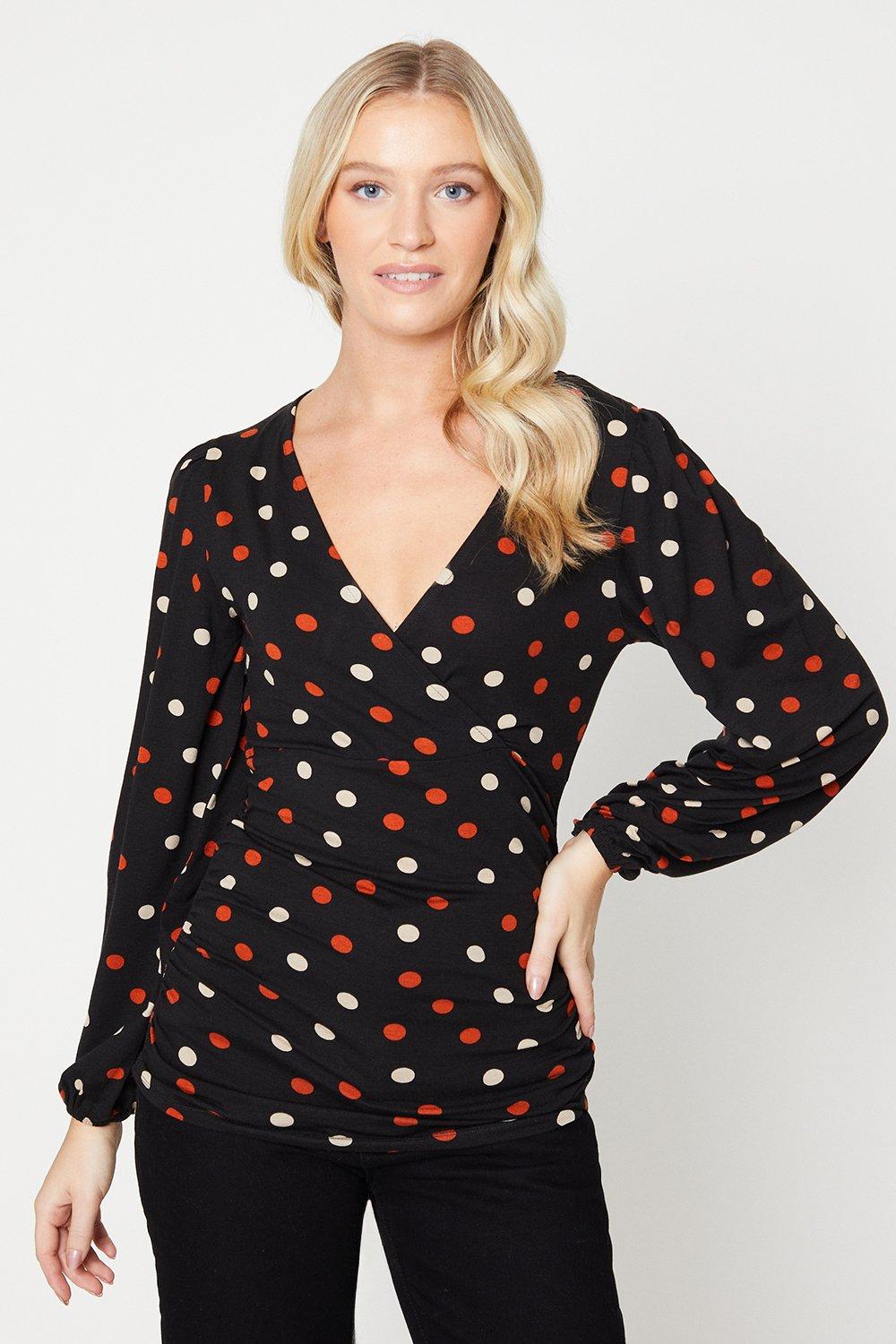 Womens Multi Spot V Neck Ruched Side Long Sleeve Top