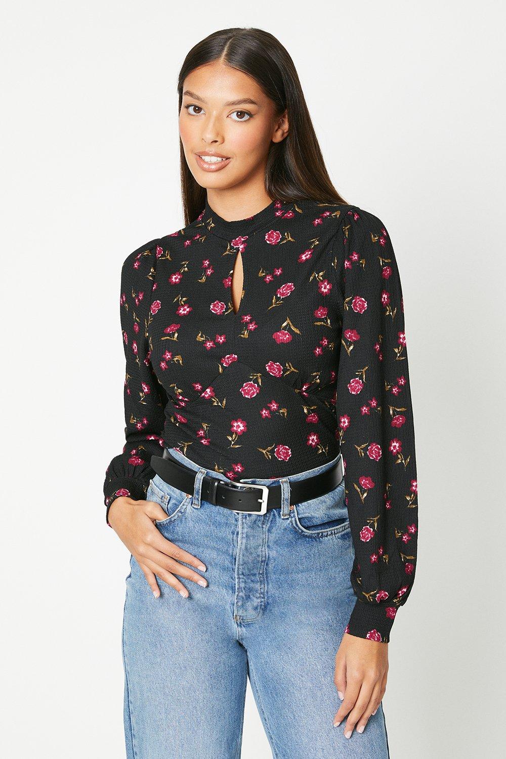 Womens Red Floral Keyhole Detail Long Sleeve Top