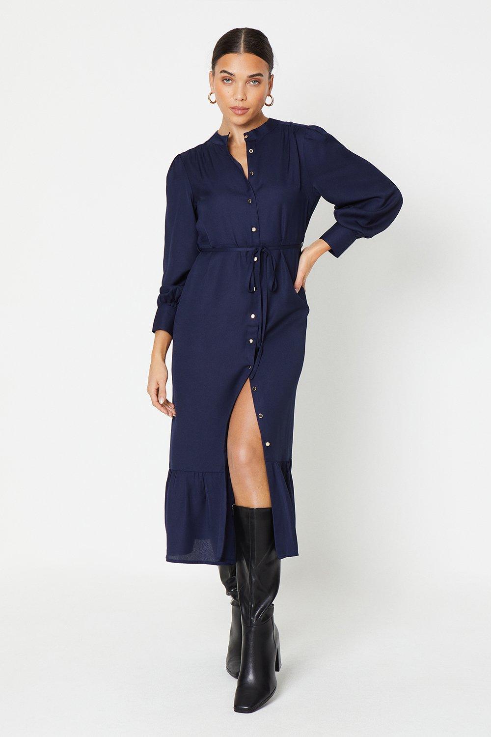 Dresses | Petite Navy Frill Hem Midi Shirt Dress | Dorothy