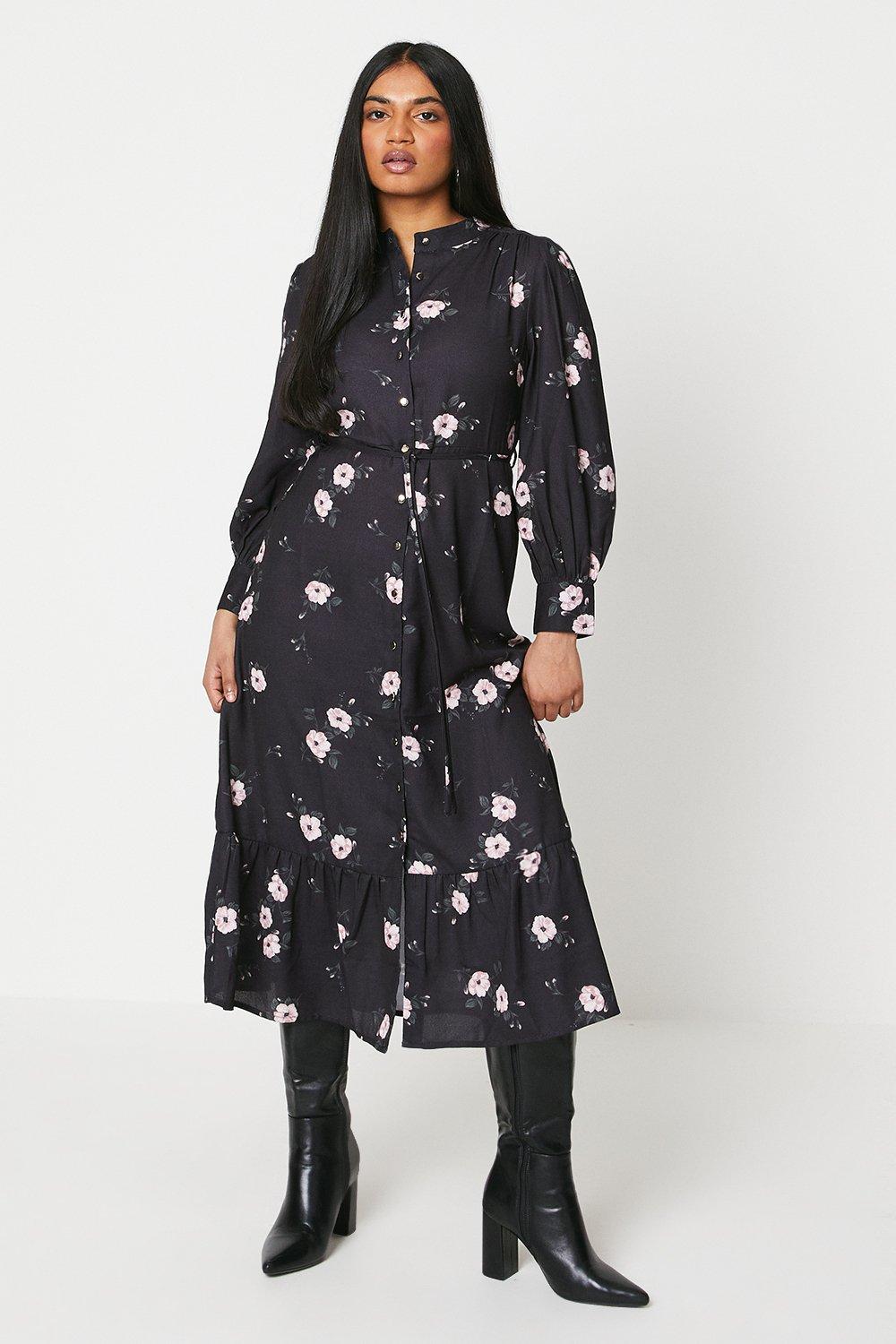 Womens Petite Black Floral Frill Hem Midi Shirt Dress