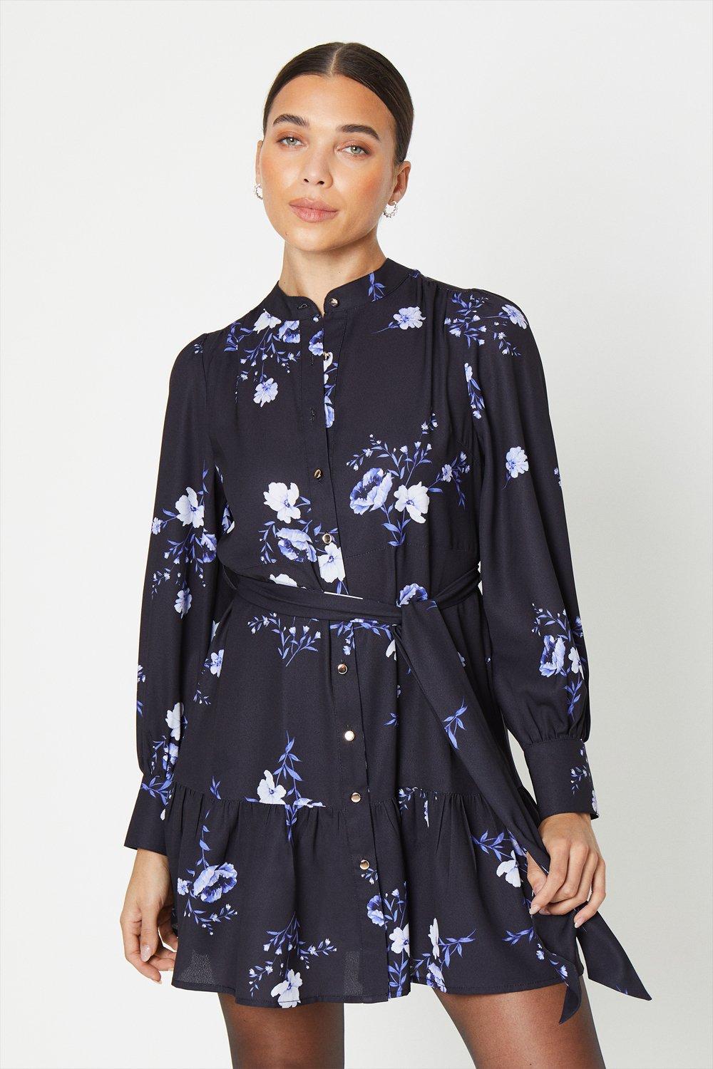 Womens Petite Black Floral Frill Hem Mini Shirt Dress