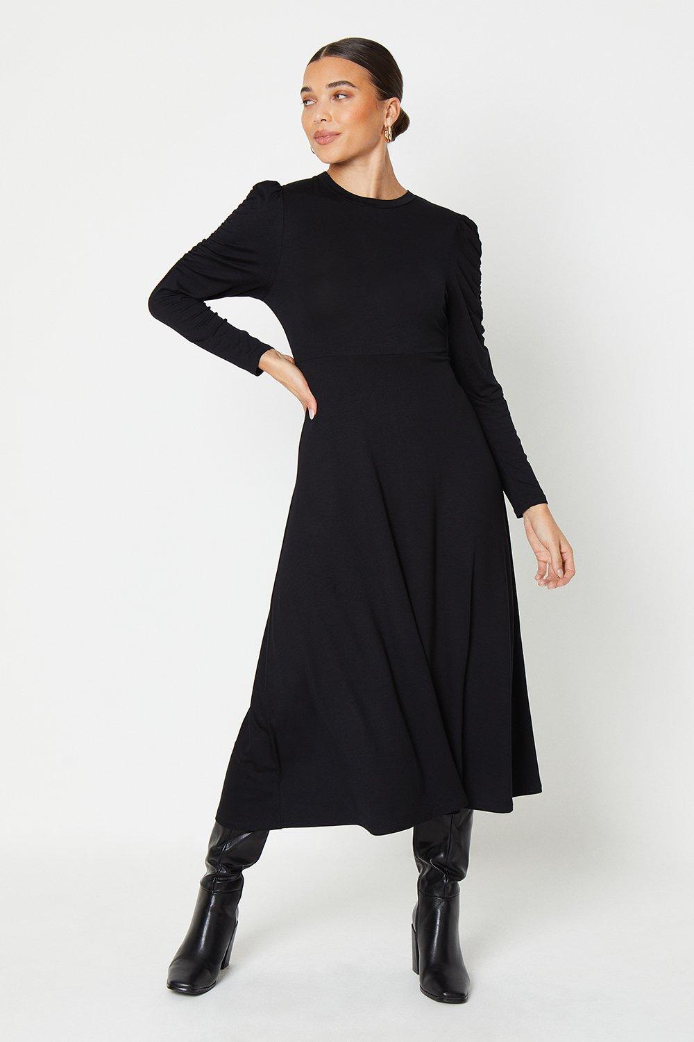 Womens Petite Black Ruched Sleeve High Neck Fit And Flare Midi