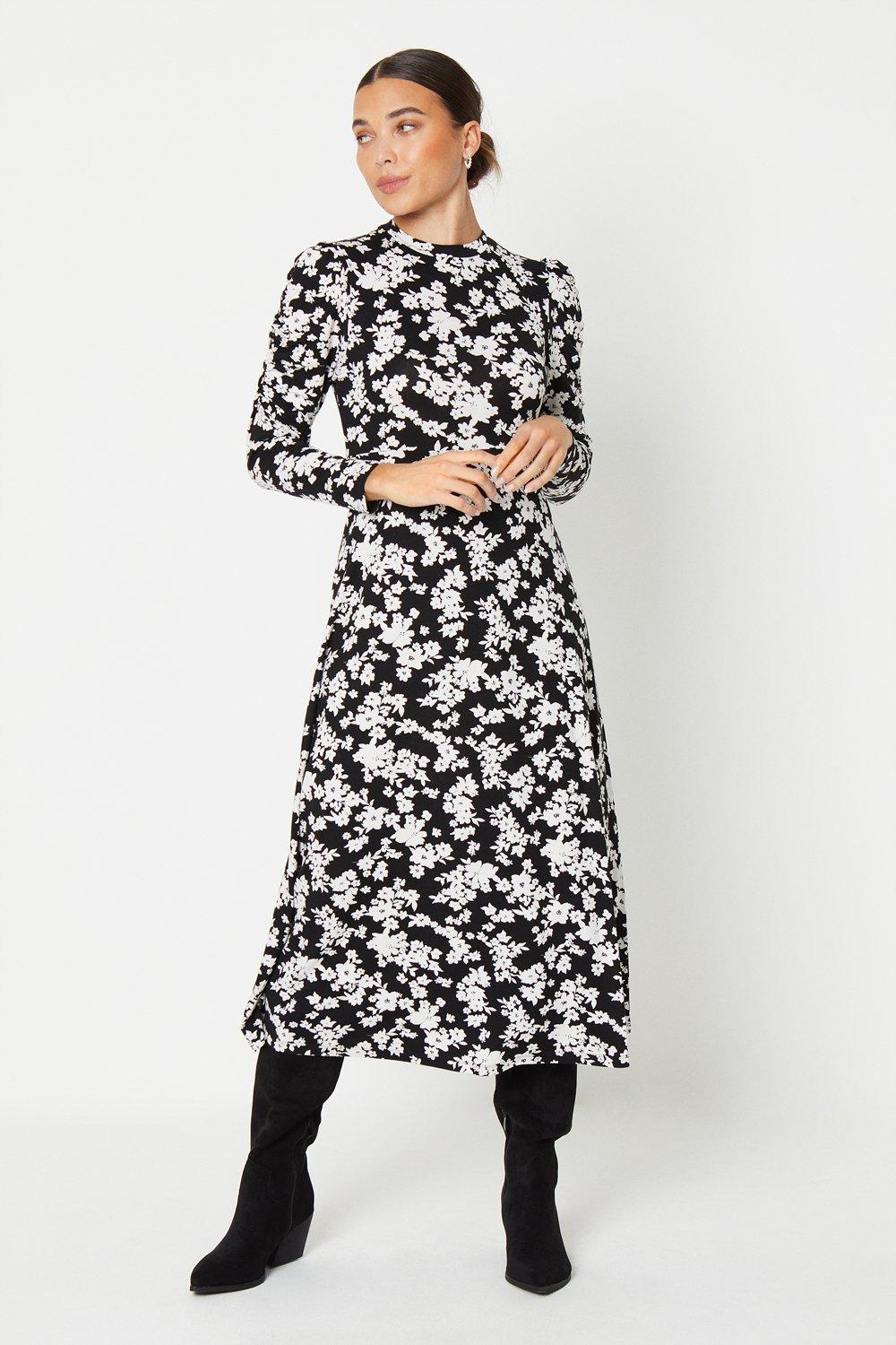 Womens Petite Floral Ruched Sleeve Fit And Flare Midi Dress