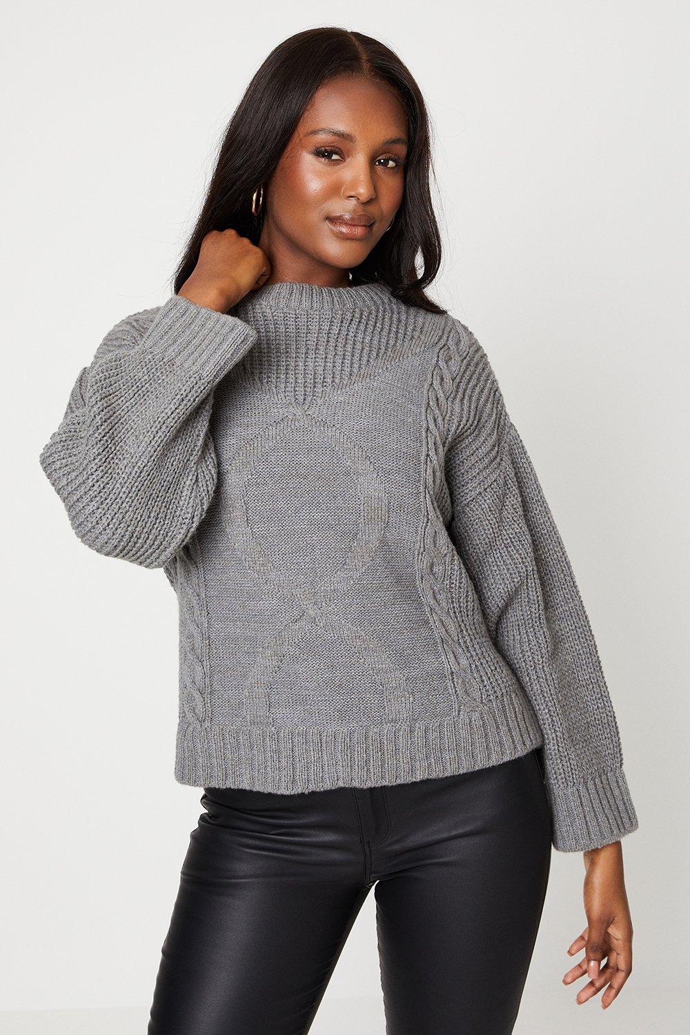 Women's Wide Sleeve Cable Fluffy Knit Jumper - grey - M