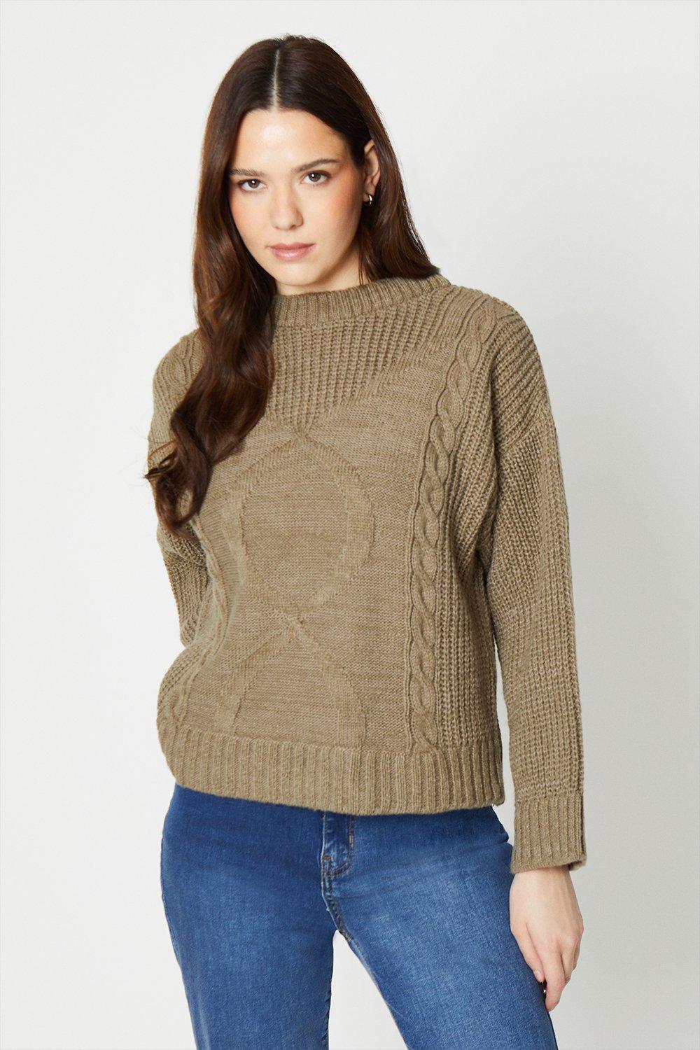 Women's Wide Sleeve Cable Fluffy Knit Jumper - khaki - M