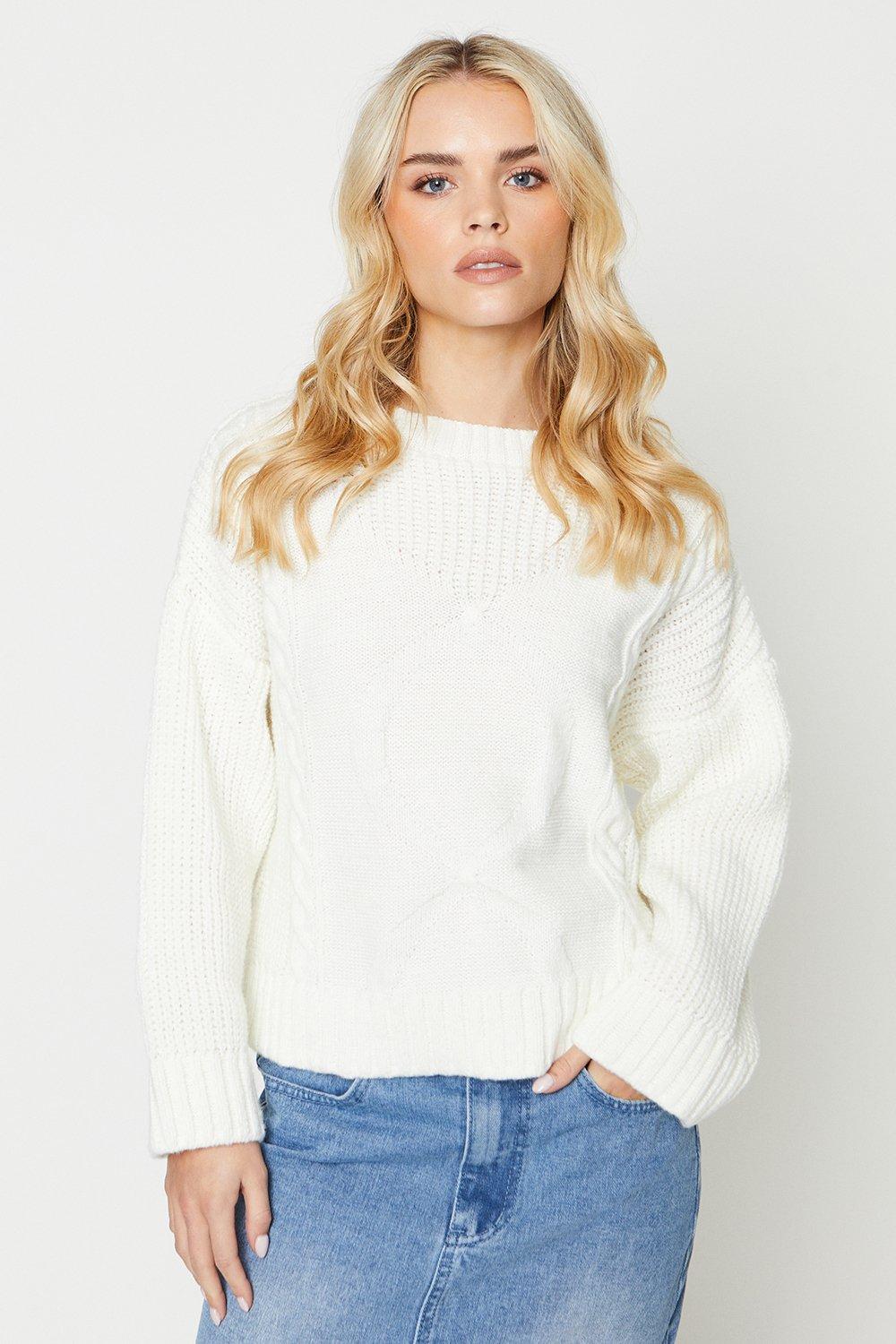 Women’s Petite Wide Sleeve Cable Fluffy Knit Jumper - ivory - L