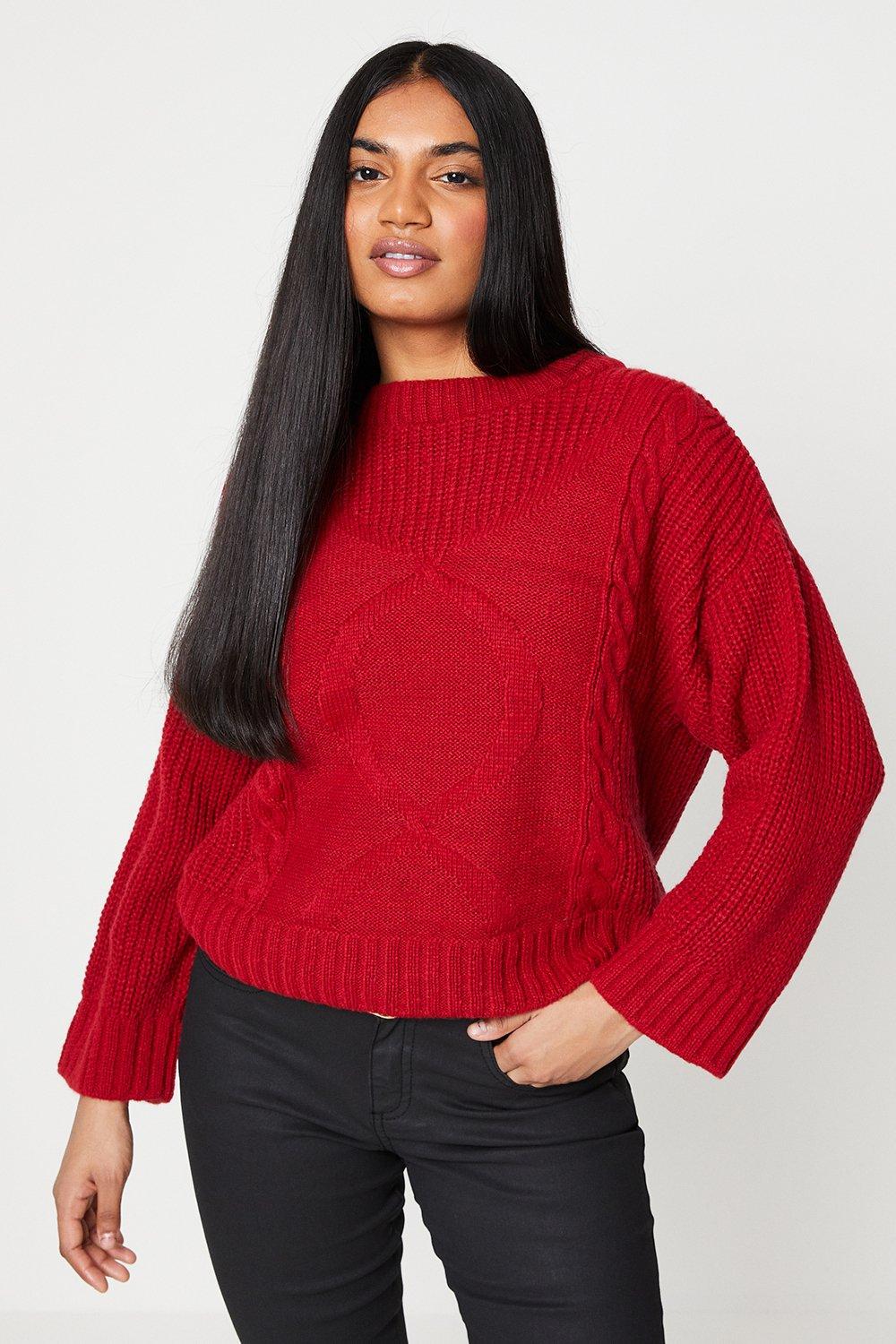 Women’s Petite Wide Sleeve Cable Fluffy Knit Jumper - red - L