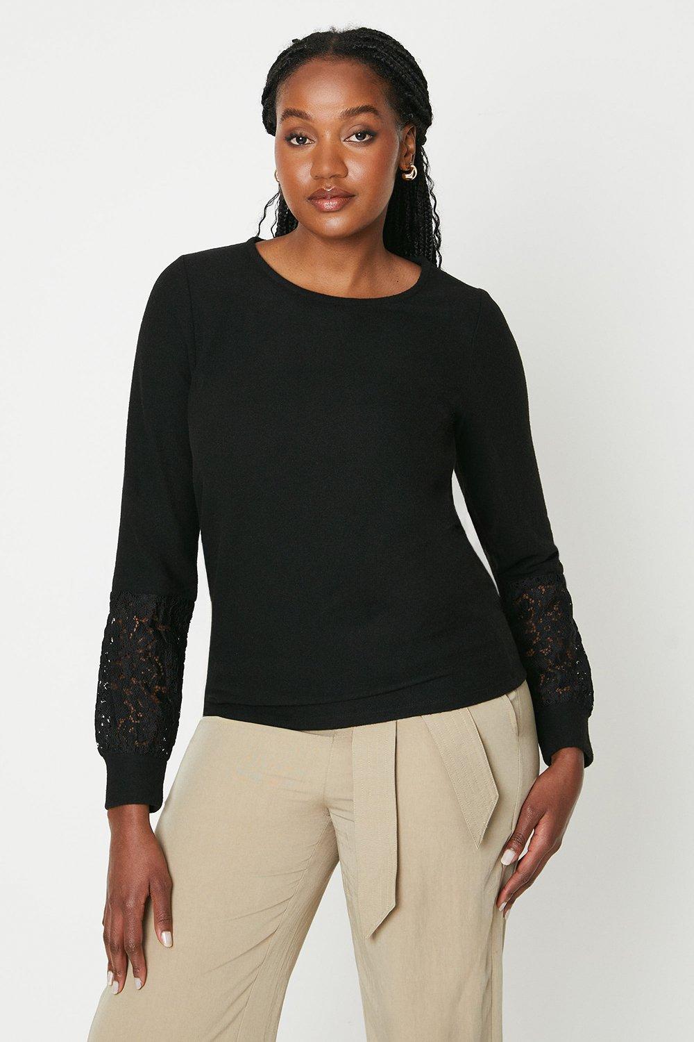 Womens Lace Cuff Brushed Long Sleeve Top