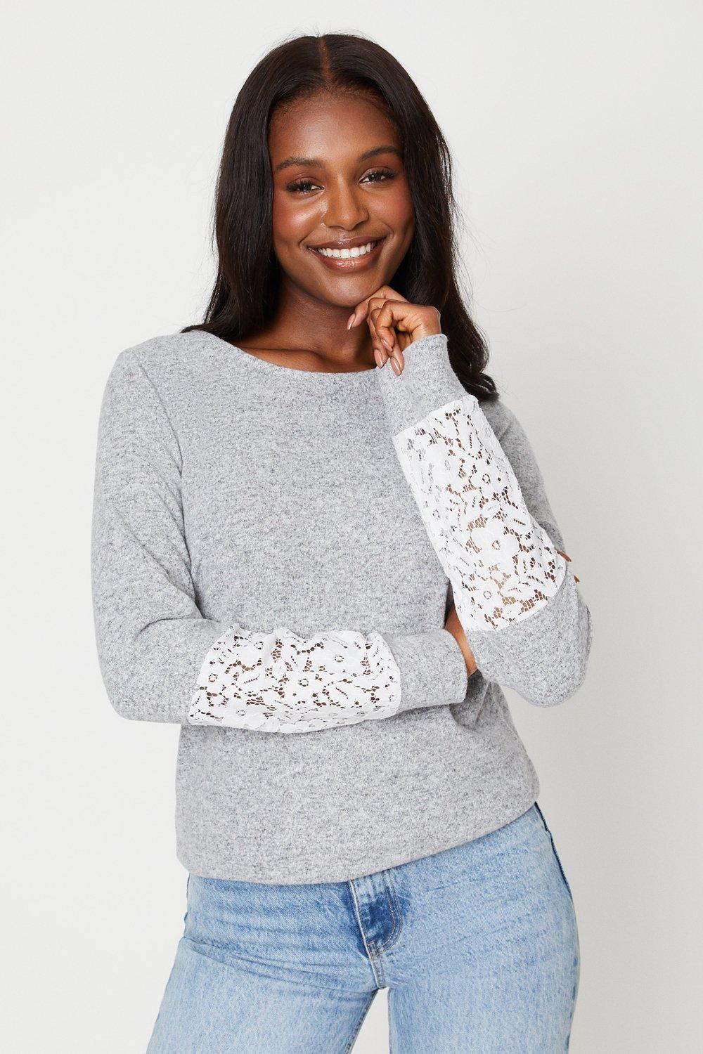 Women's Lace Cuff Brushed Long Sleeve Top - grey - L