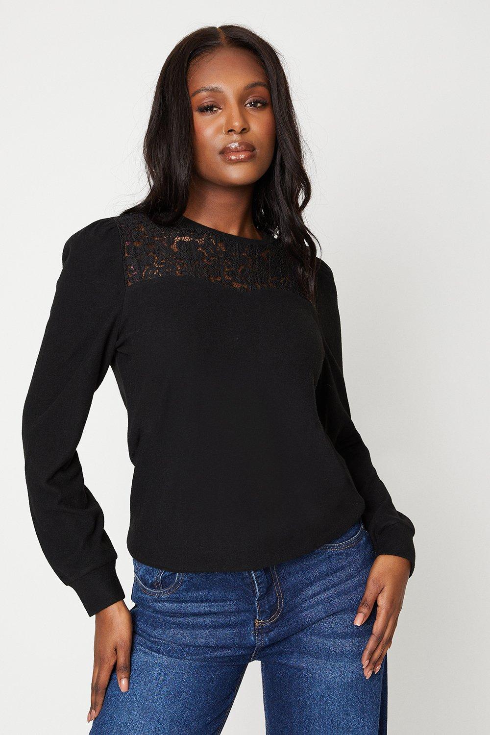 Womens Lace Insert Detail Brushed Long Sleeve Top