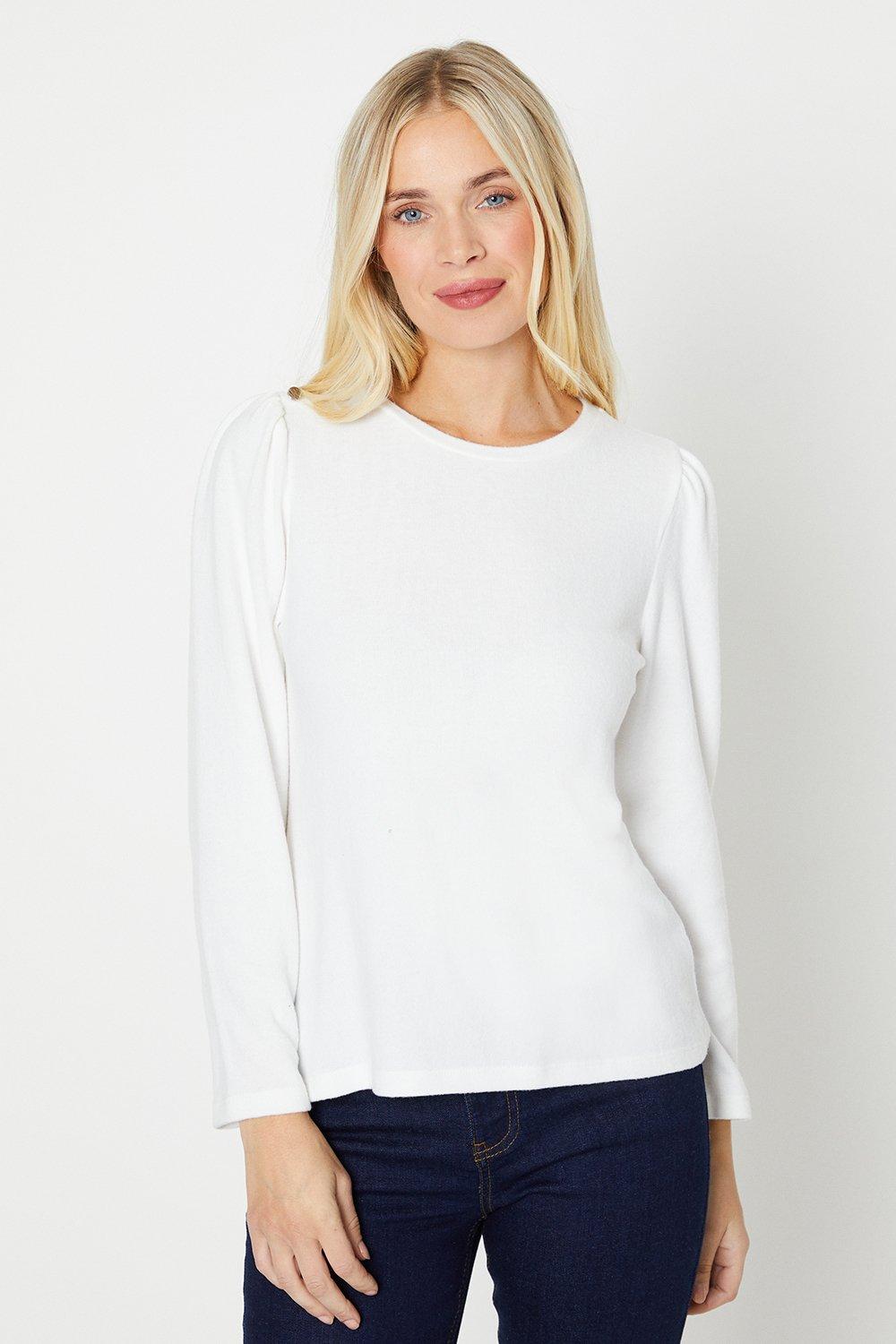 Women's Petite Diamonte Button Shoulder Brushed Long Sleeve Top - ivory - M