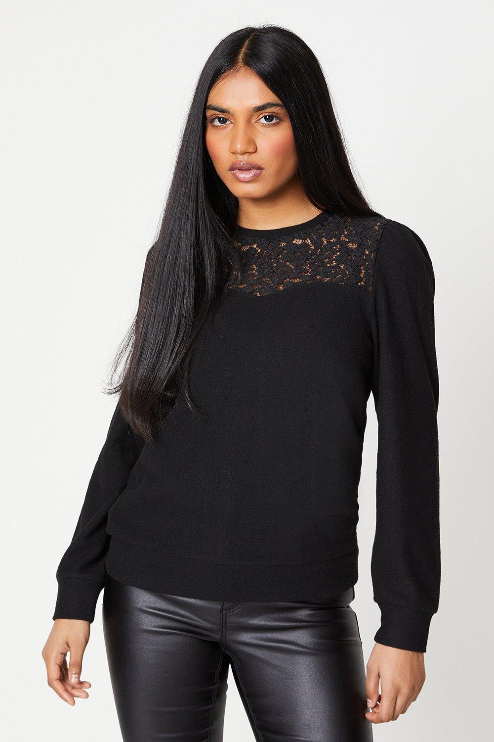 Women’s Petite Lace Insert Detail Brushed Long Sleeve Top - black - S