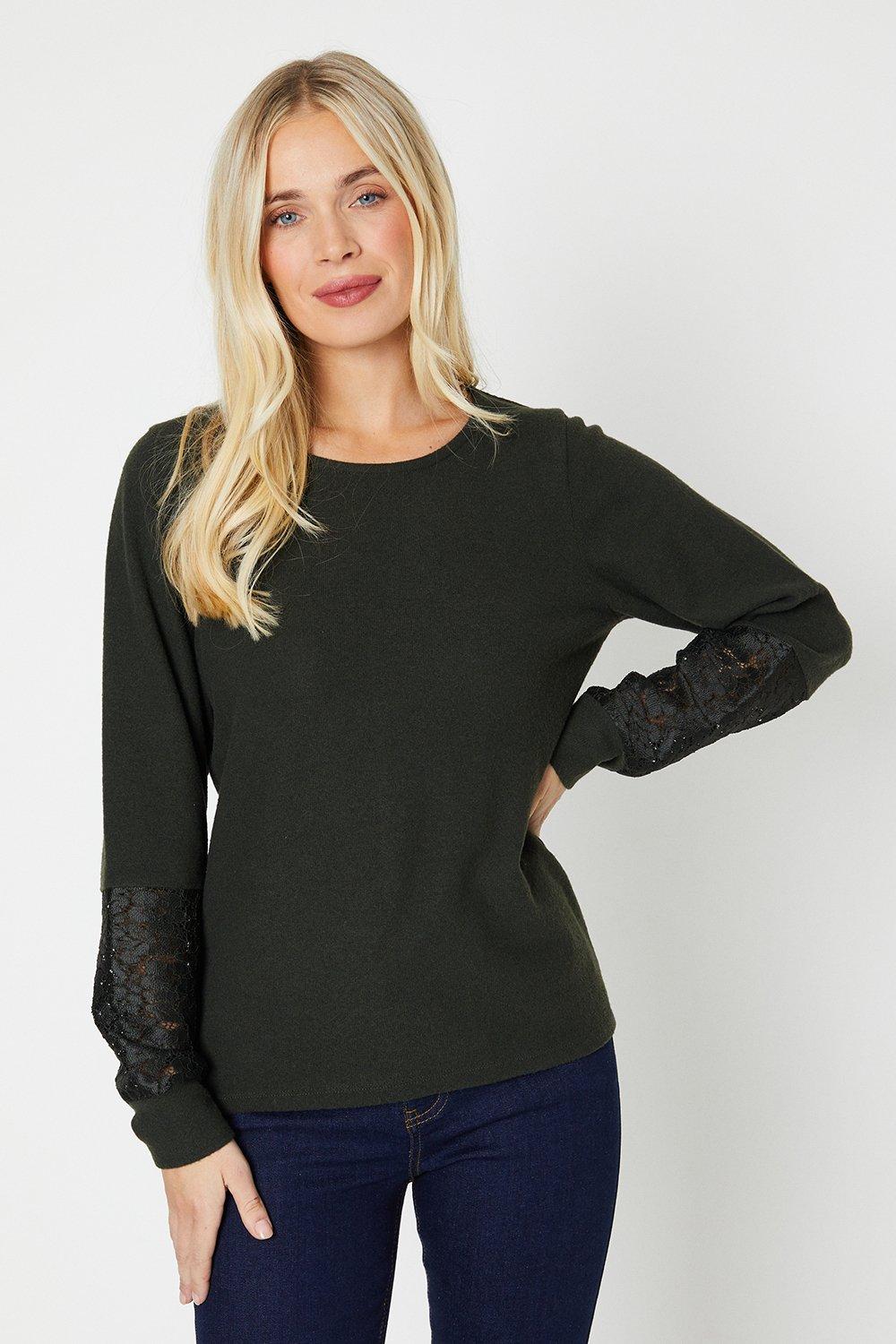 Womens Petite Lace Cuff Brushed Long Sleeve Top